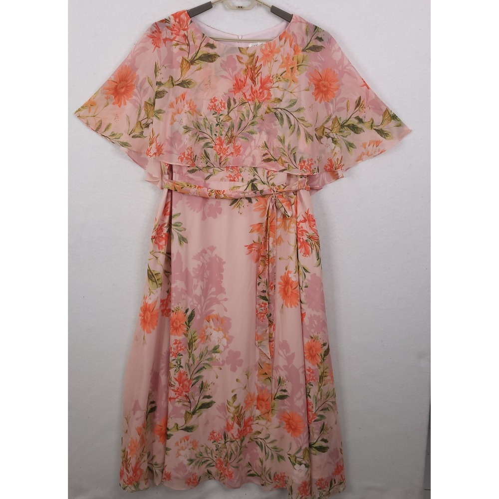 Eliza J Pink Floral Chiffon Maxi Dress 16W Capelet Gown Cottagecore Feminine